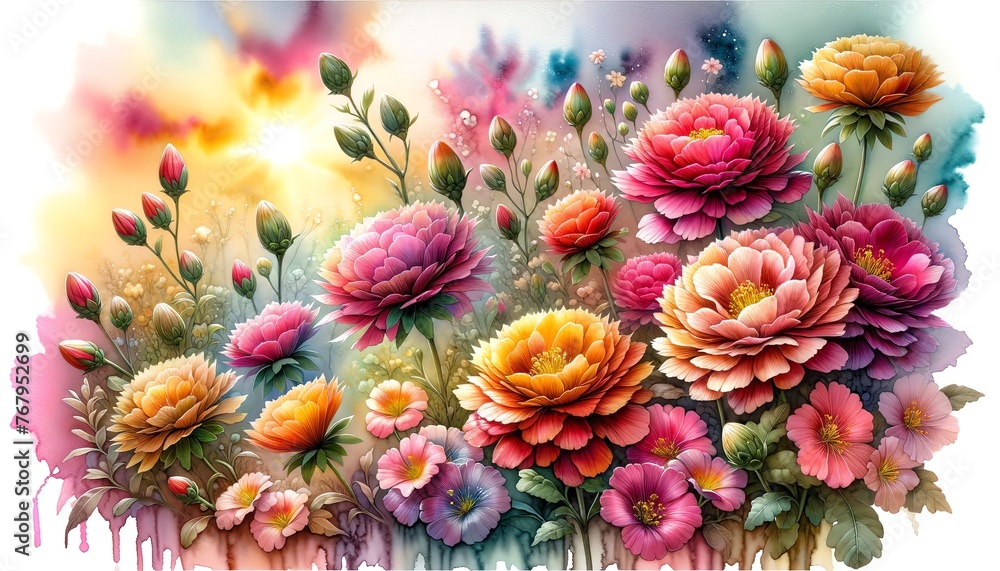 Vibrant Watercolor Painting of Colorful Flowers