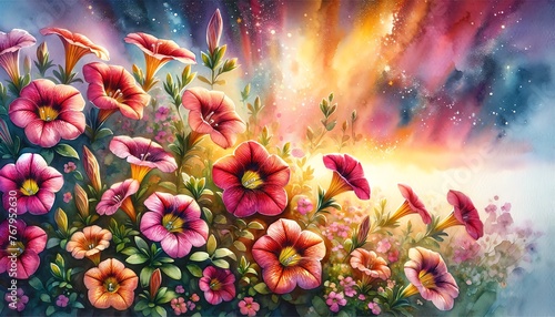 Vibrant Watercolor Painting of Cabaret Pink Star Calibrachoa Flowers