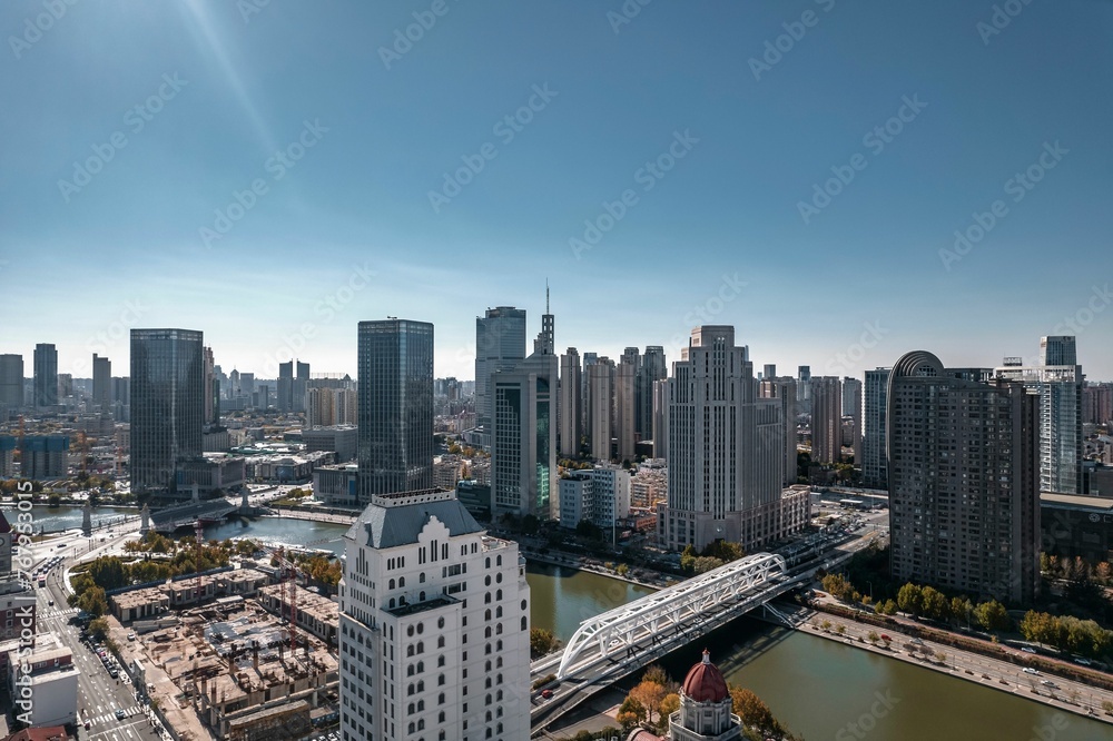 Fototapeta premium Aerial photo of Haihe River Scenic Line of Tianjin, a riverside city in China