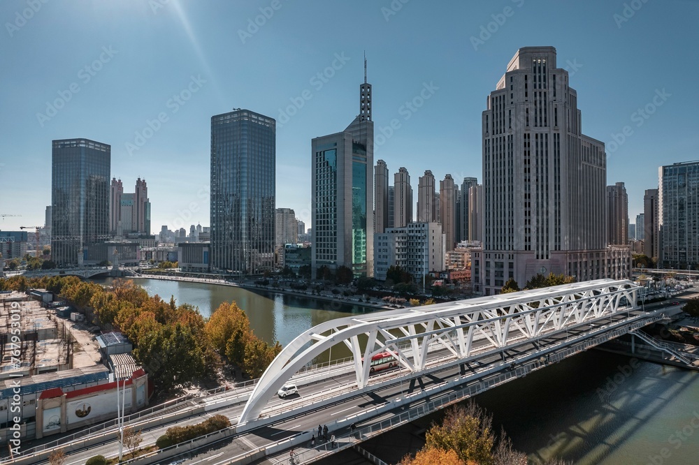 Obraz premium Aerial photo of Haihe River Scenic Line of Tianjin, a riverside city in China