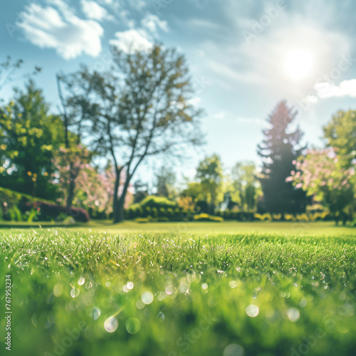 Beauty and tranquility of a lush, green park on a sunny day with this inviting scene showcasing a pristine lawn surrounded by vibrant trees under a blue sky filled with fluffy clouds.