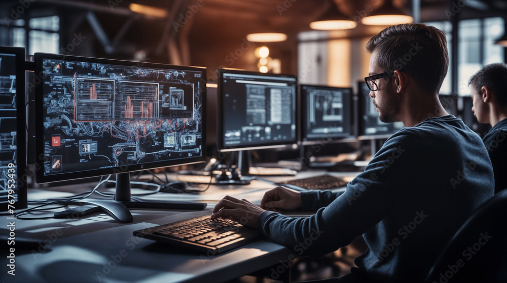 A man is seated at a desk, working with intense focus in front of three computer monitors A man is seated at a desk, working with intense focus in front of three computer monitors