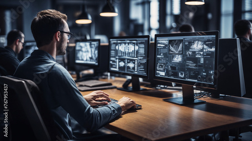 A man is seated at a desk, focused on two computer monitors in front of him