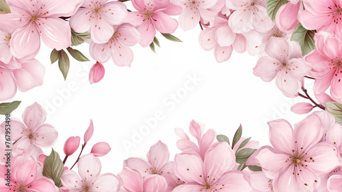 Pink flowers scattered on a white background