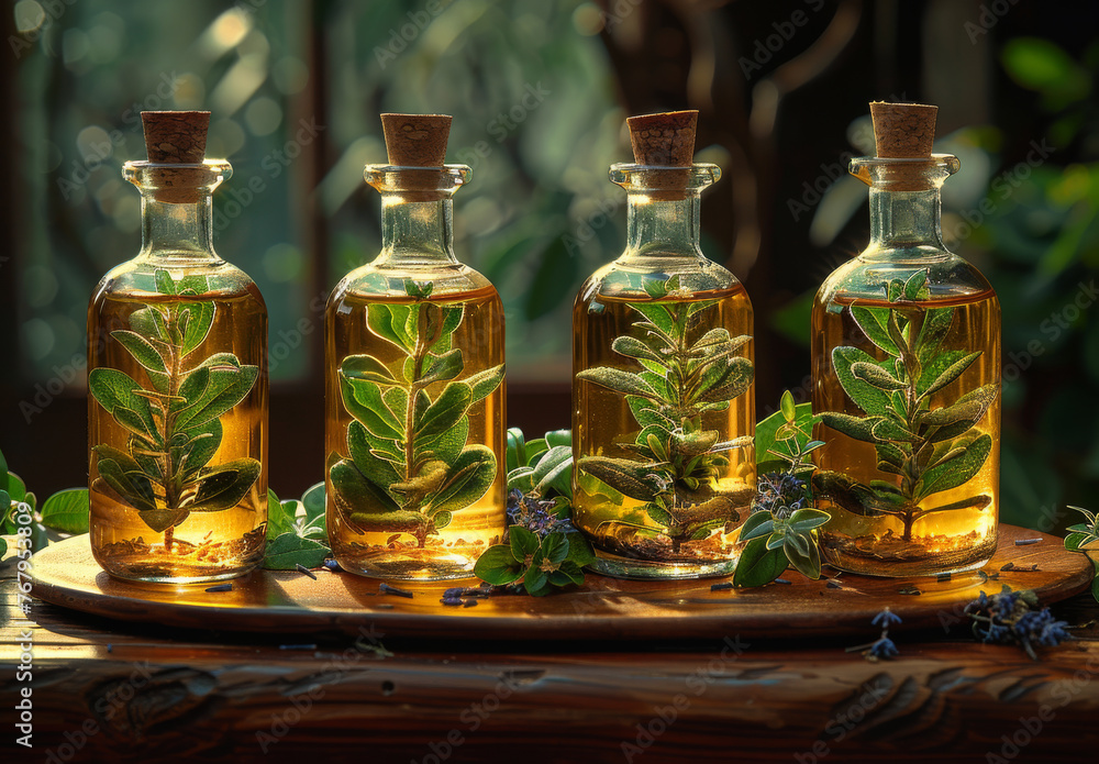 Four bottles of tincture with fresh herbs on wooden table in the garden Four bottles of tincture with fresh herbs on wooden table in the garden