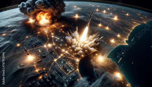 A catastrophic event unfolds: the earth is engulfed in explosions, and retaliatory missile launches are launched at specified targets. Confrontation photo