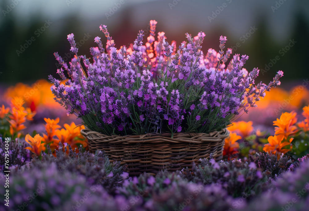 Obraz premium Lavender flowers in basket in field