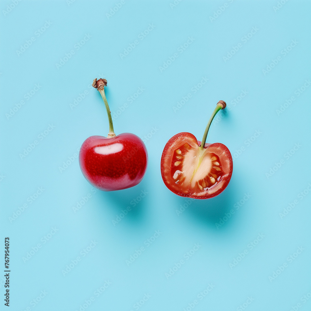 Surreal concept with sliced tomatoes like cherries on vivid blue background. Minimal food concept. Flat lay. Surreal concept with sliced tomatoes like cherries on vivid blue background. Minimal food concept. Flat lay.