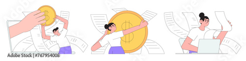 Tax time vector illustration set. Character prepare documents for tax calculation, make income tax return or calculate business invoices. Taxation concept. Online accountant service for business.