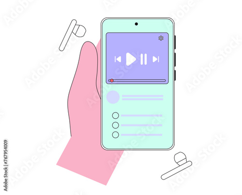Person listen to music, audio book or podcast isolated on white background. Vector illustration of cartoon male or female character hand hold smartphone or mobile listening audio through earphones.