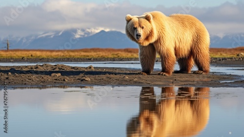 A bear standing in front of a body of water photo