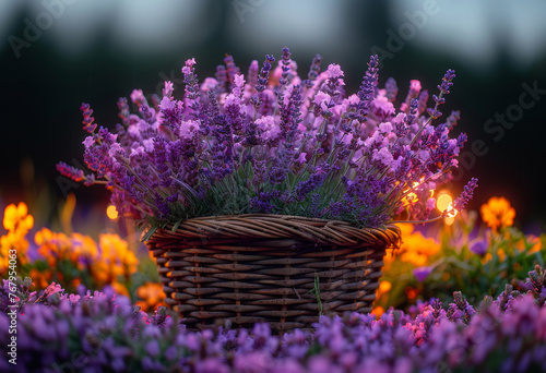 Basket with lavender in the sunset