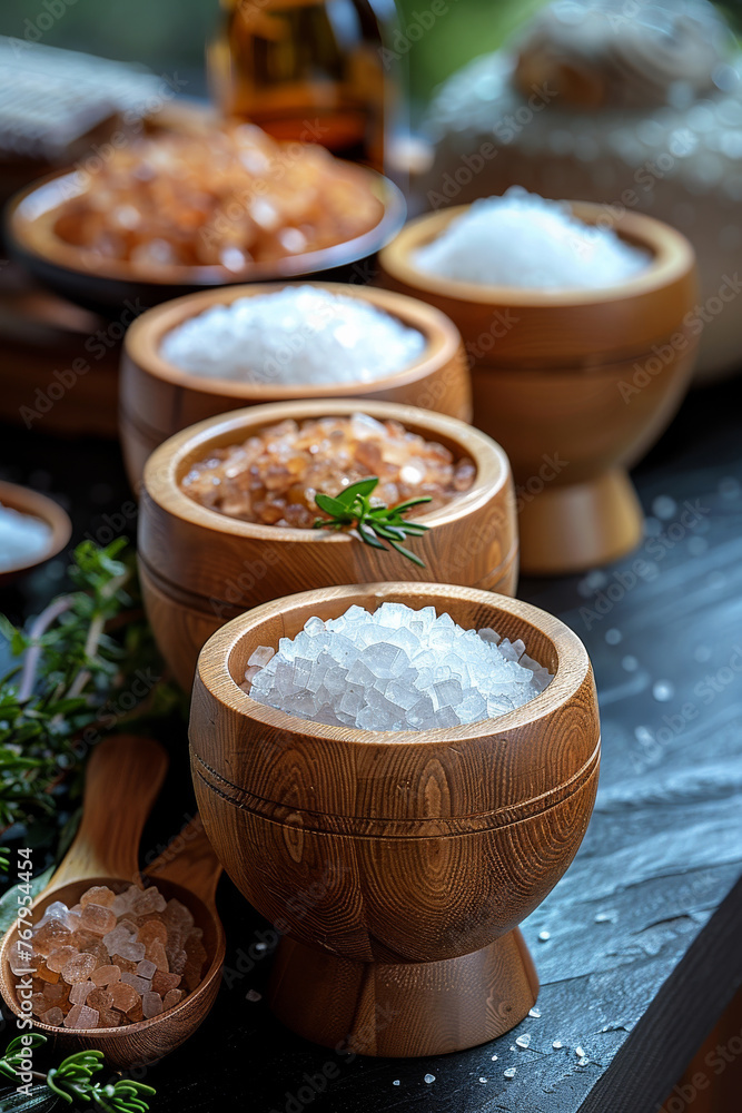 Salt in wooden bowls on table Salt in wooden bowls on table