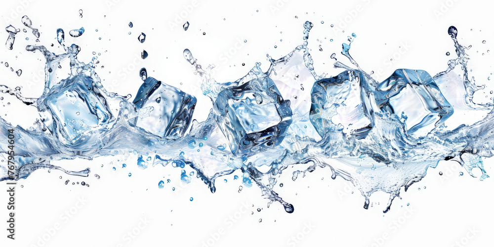 ice cubes with water splash on white background, banner