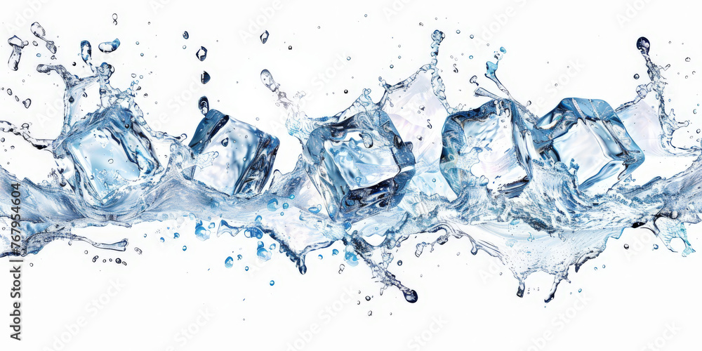 ice cubes with water splash on white background, banner ice cubes with water splash on white background, banner