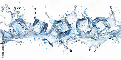 ice cubes with water splash on white background, banner