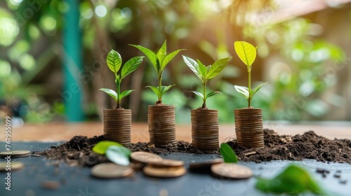 Hand placing small plants on top of stacked coins in soil  concept of eco-investment and growth
