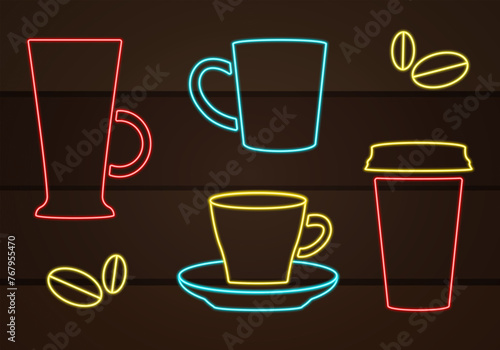 Set of flat coffee icons in neon style. isolated icons on wooden background. Icons for coffee shop  cafe and restaurants. Modern neon style. Vector illustration