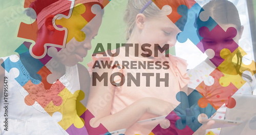 Image of autism awareness month text over diverse schoolchildren