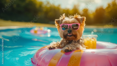 A dog in sunglasses lounges in a pool on an inflatable ring with cocktails, exuding contentment and humor