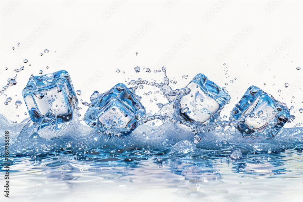 ice cubes with water splash on white background, banner ice cubes with water splash on white background, banner