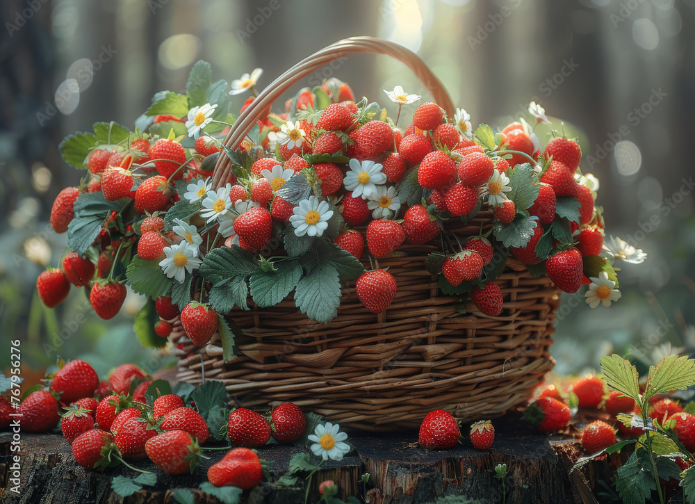 Basket with strawberries in the forest Basket with strawberries in the forest