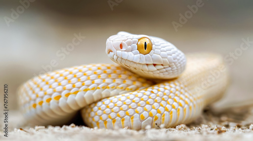 Cute white golden snake on white background. Symbol of the 2025 New year gorgeous snake for calendar, greeting card design, poster. Close up. Chinese 2025 new year