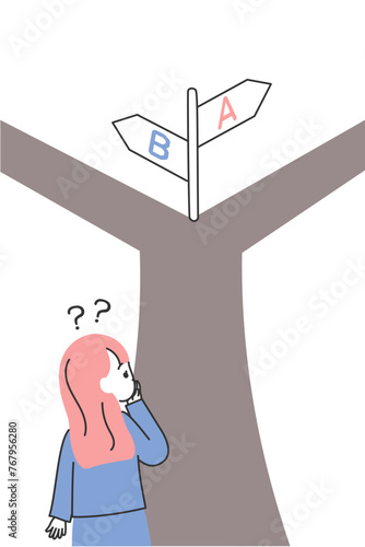 分岐点で立ち止まり悩むスーツの女性のイラスト
