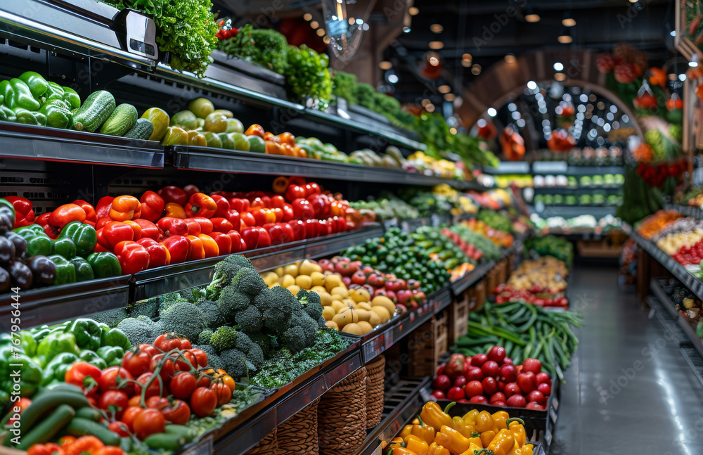 Grocery store produce aisle with large selection of fresh vegetables and fruit