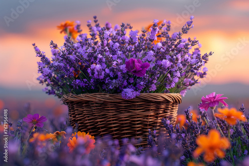 Basket with lavender and marigolds in the sunset