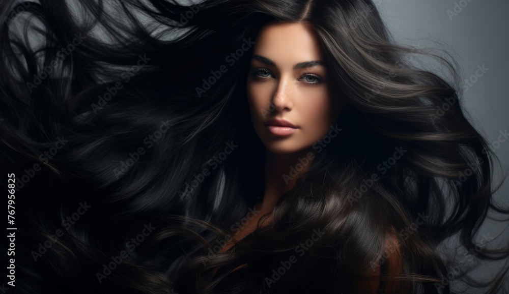 Portrait of elegant stylish young woman with long dark curly healthy shiny hair and makeup on grey banner background. Generative AI. Portrait of elegant stylish young woman with long dark curly healthy shiny hair and makeup on grey banner background. Generative AI.