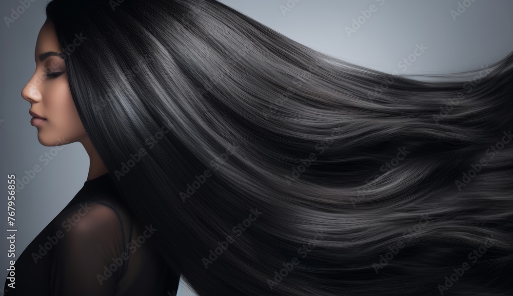 Portrait of elegant stylish young woman with long dark curly healthy shiny hair and makeup on grey banner background. Generative AI. Portrait of elegant stylish young woman with long dark curly healthy shiny hair and makeup on grey banner background. Generative AI.