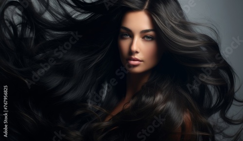 Portrait of elegant stylish young woman with long dark curly healthy shiny hair and makeup on grey banner background. Generative AI. © Surachetsh