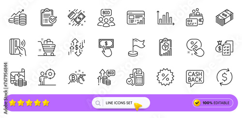 Dollar exchange, Survey checklist and Bid offer line icons for web app. Pack of Web report, Accounting wealth, Card pictogram icons. Bitcoin mining, Report, Payment click signs. Auction. Vector