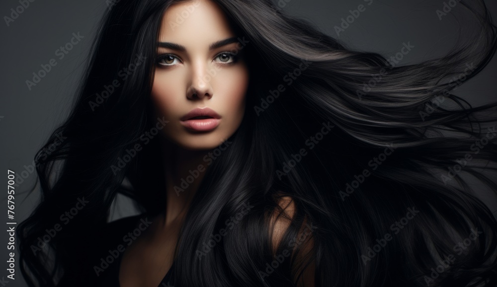 Portrait of elegant stylish young woman with long dark curly healthy shiny hair and makeup on grey banner background. Generative AI.