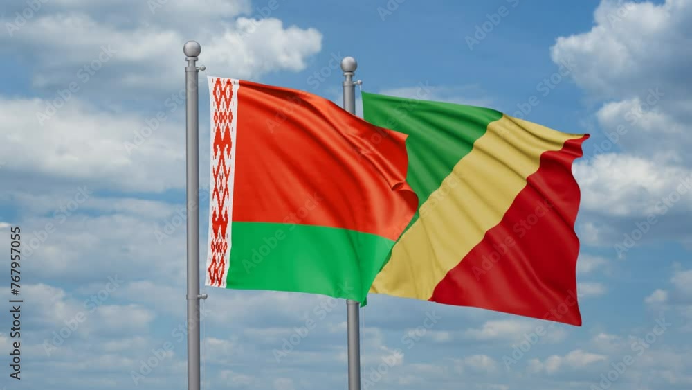 Republic of the Congo and Belarus two flags waving together, looped video, two country relations concept Republic of the Congo and Belarus two flags waving together, looped video, two country relations concept