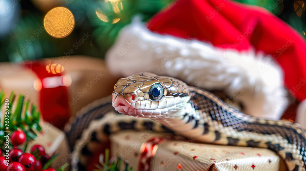 Fototapeta premium Cute cartoon snake wearing Santa's hat on Christmas gifts background with bokeh lights. Symbol of the 2025 New year funny snake illustration for calendar, greeting card design, poster.
