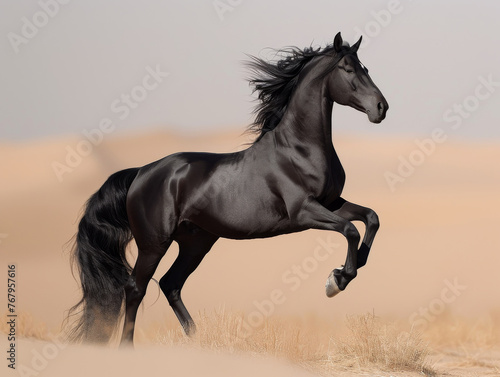 Black horse runs on sand in the desert