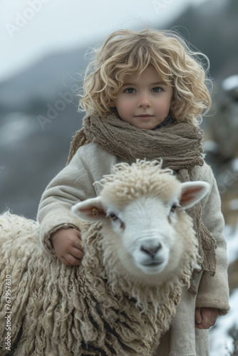 Little boy is holding sheep in her hands