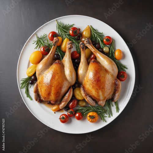 Grilled turkeychicken quarter legs isolated in white background, no shadow, cooked turkey, BBQ food for Thanksgiving, Christmas meallunch colorful background photo