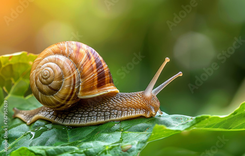 Snail crawling on the green leaf in the garden
