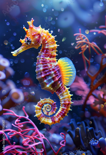 Sea horse on coral reef. A seahorse in the ocean with beautiful colors
