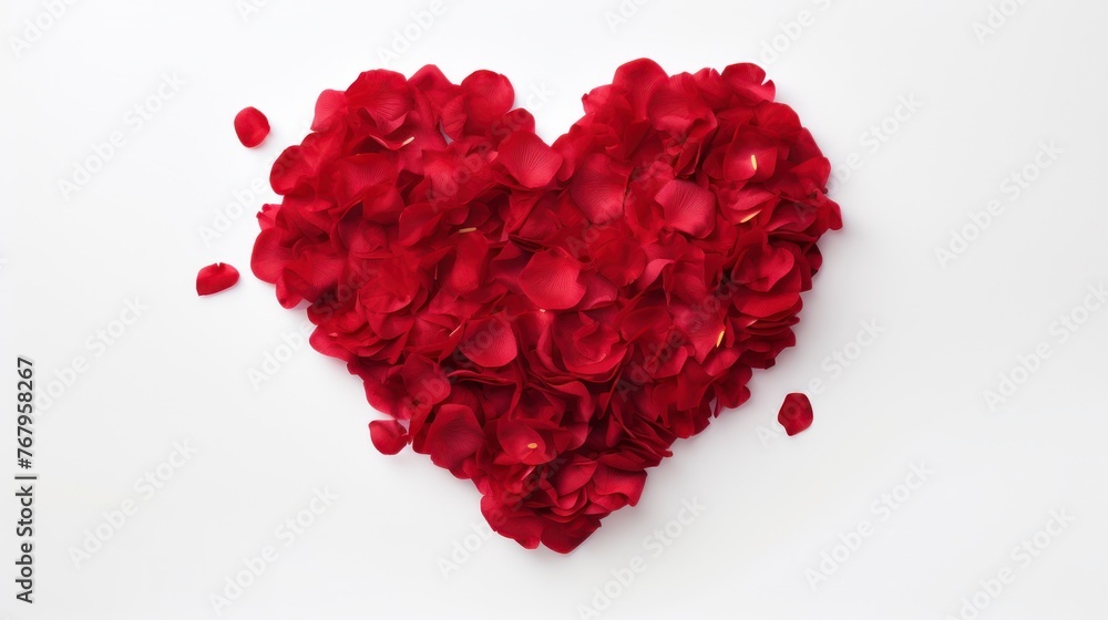 Red rose petals in the shape of a heart on white background Red rose petals in the shape of a heart on white background