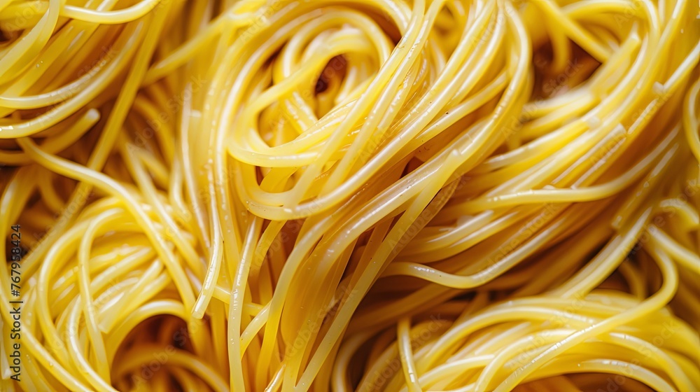 Close-up shot of spaghetti carbonara arranged in an artful pattern Close-up shot of spaghetti carbonara arranged in an artful pattern