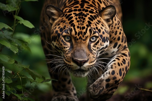 Jaguar on the trail, displaying its presence and strength in the forest., generative IA