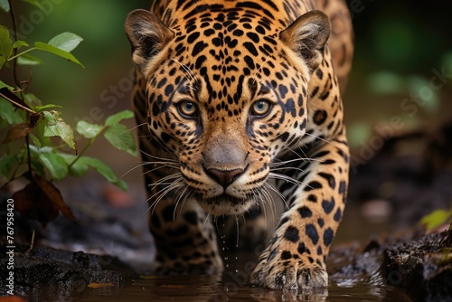Jaguar on the trail, displaying its presence and strength in the forest., generative IA © JONATAS