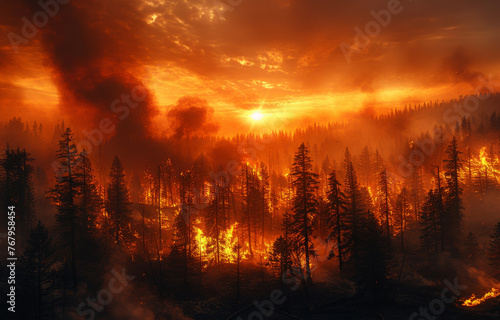 Forest fire burning trees burning down forest photo