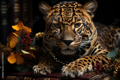 Jaguar emerges from a book of mythology.  generative IA