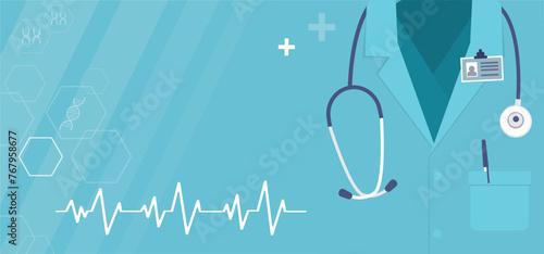 Concept of medicine and healthcare, horizontal banner template, place for text. Doctor in coat with stethoscope. Medical consultation, pharmacist expert, therapist. First aid.