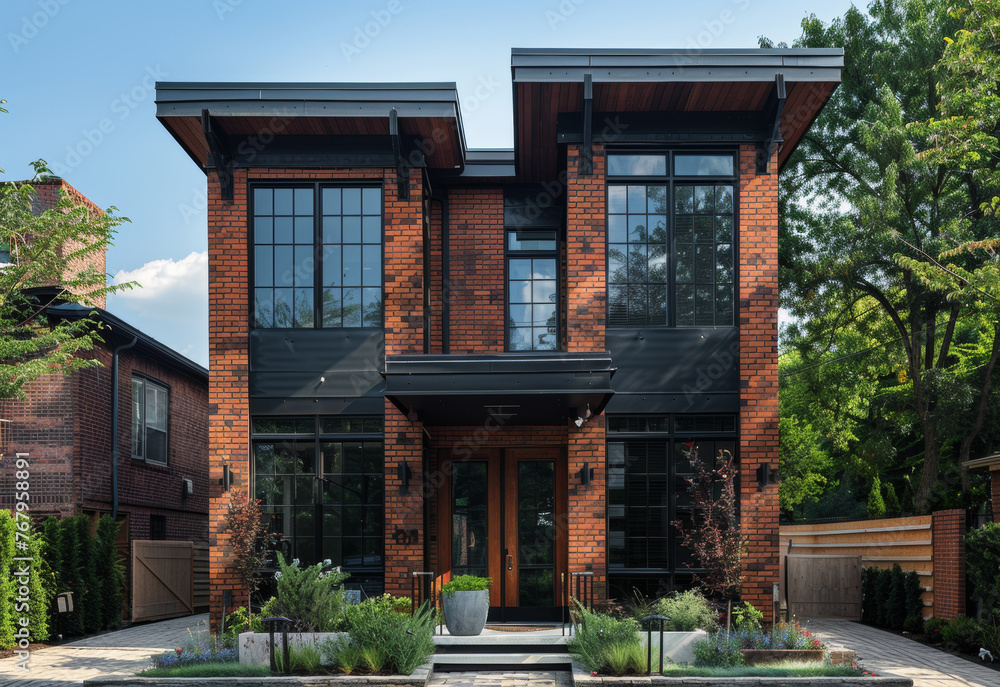 Modern home with brick exterior and black windows.